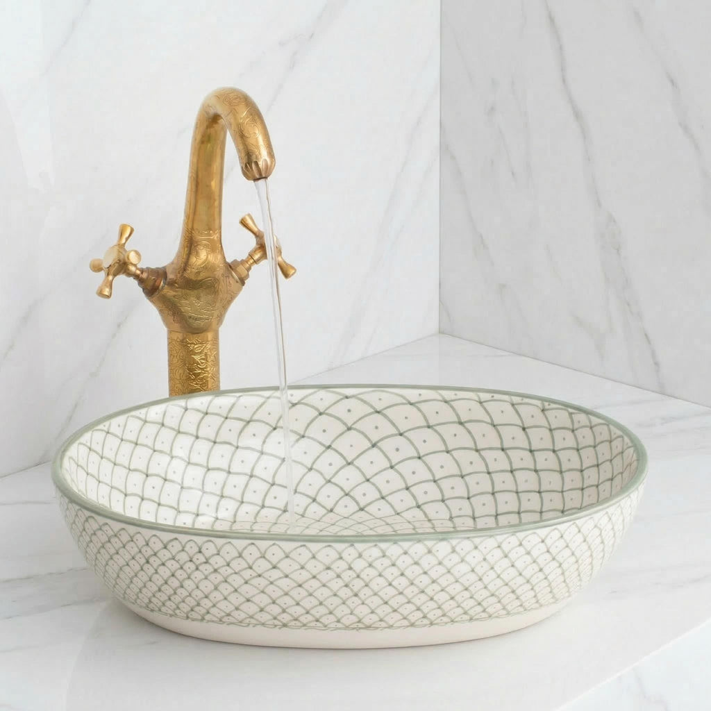 Moroccan Vessel Sink, Hand-Painted Green Oval Porcelain, 32-48 Cm.