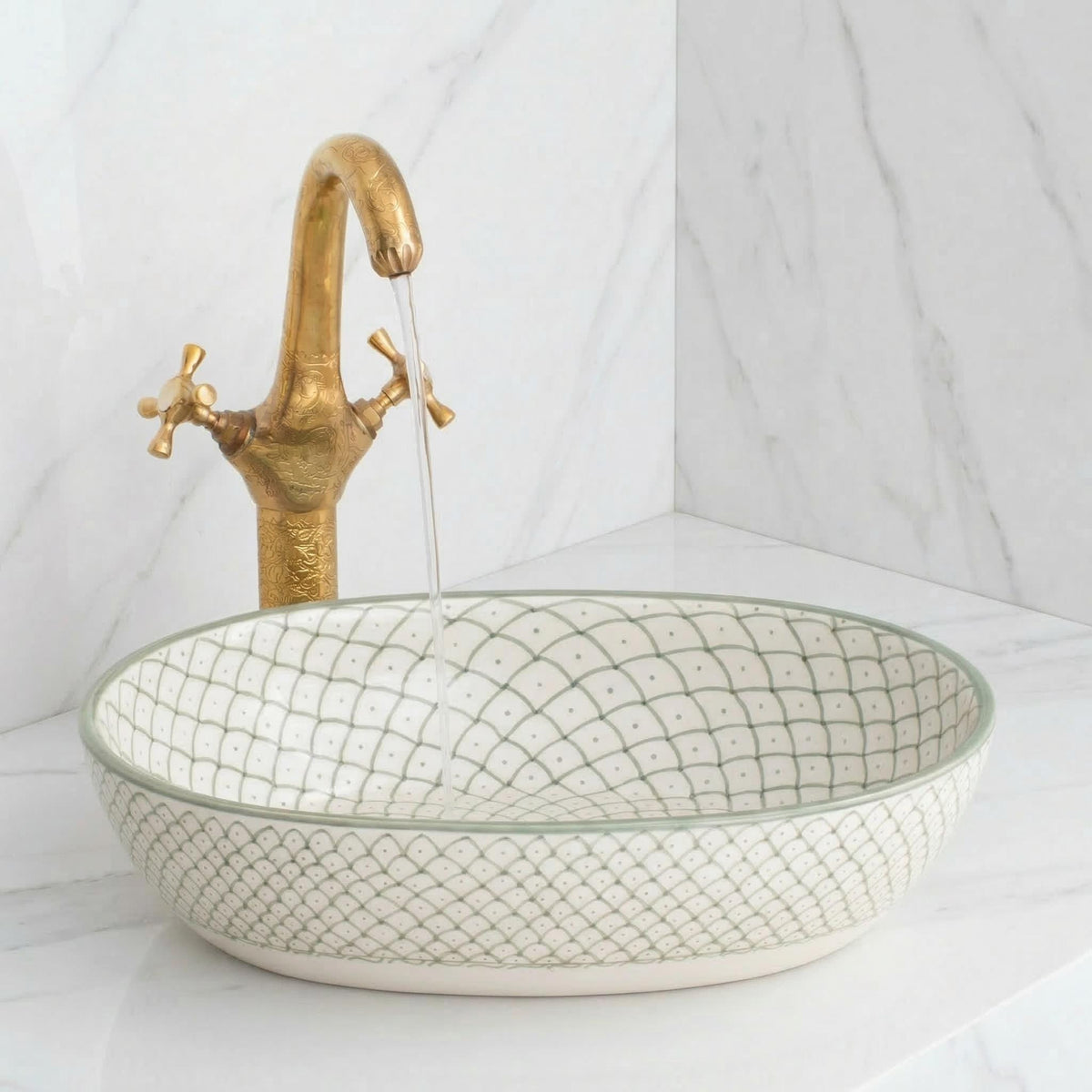 Moroccan Vessel Sink, Hand-Painted Green Oval Porcelain, 32-48 Cm.