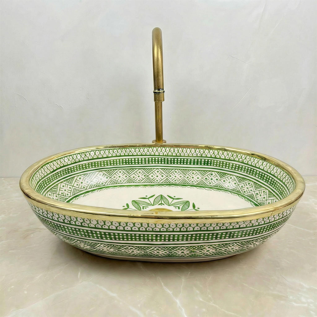 Sage Green Vessel Sink, Oval Hand-Glazed Porcelain 38x29–48x33 cm