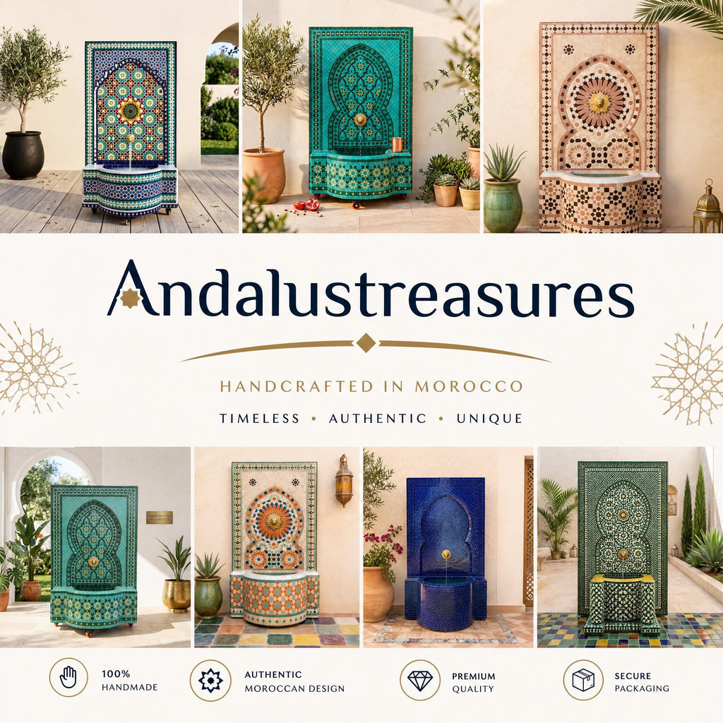 The image is a collage of various images showcasing different pieces of handcrafted Moroccan furniture, including chairs, tables, and decorative elements.