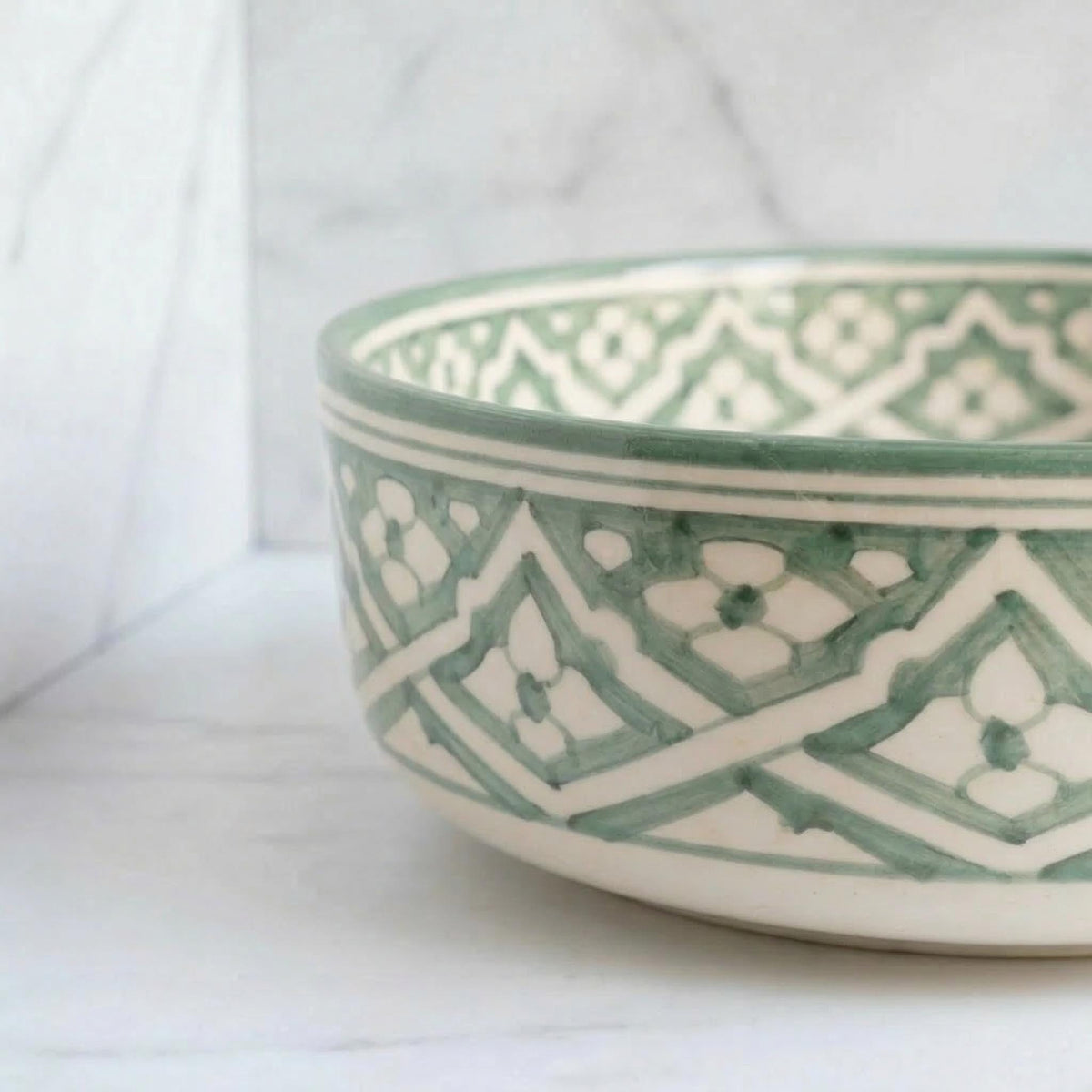 Ceramic Vessel Sink, Moroccan Hand-Painted Sage Green Basin, 12".