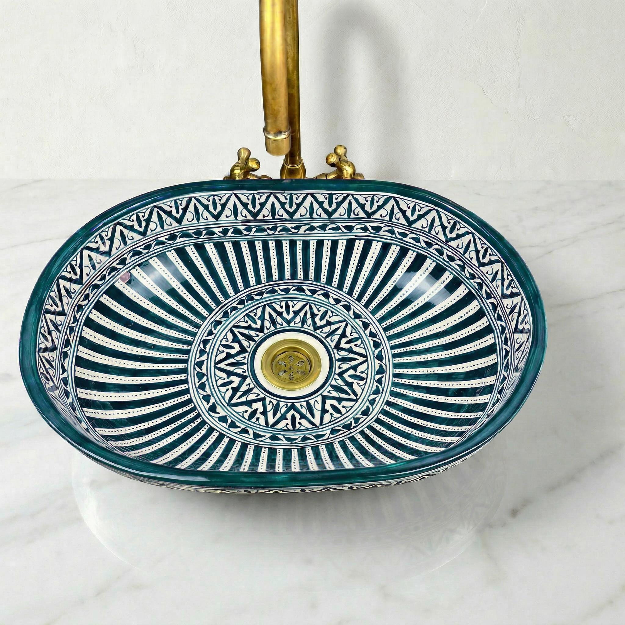 Moroccan Ceramic Sink, Oval Porcelain Basin 40cm With Brass Drain