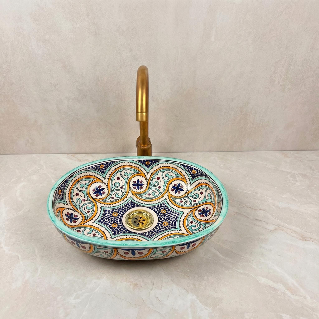 Moroccan Ceramic Vessel Sink, Oval Gloss Basin, Fes Made To Order