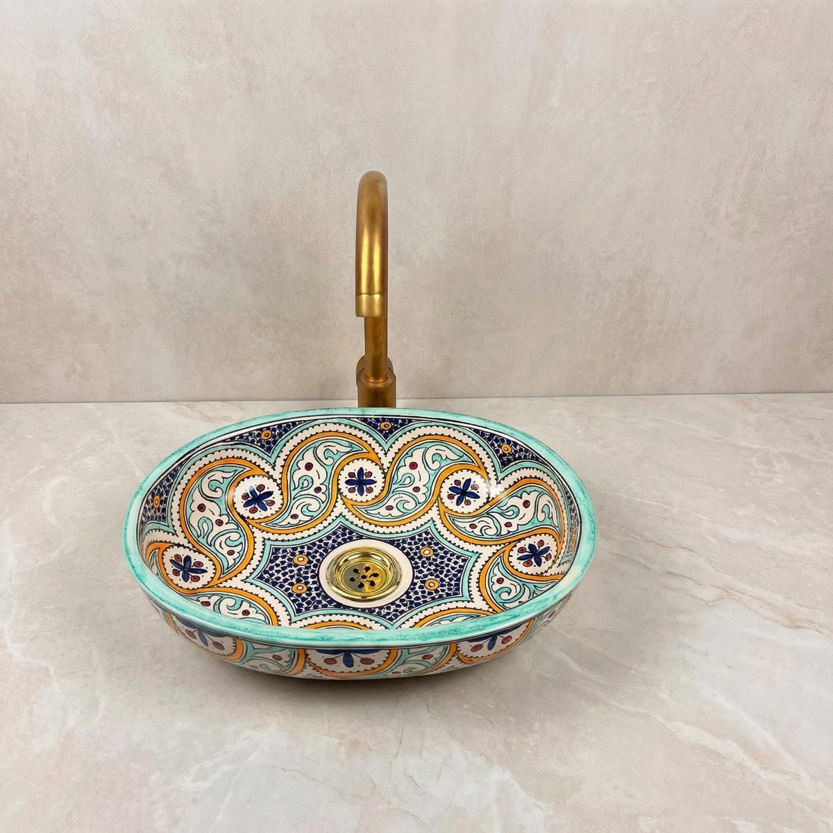 Moroccan Ceramic Vessel Sink, Oval Gloss Basin, Fes Made To Order