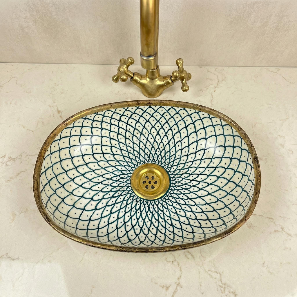 Handmade Ceramic Vessel Sink, Oval Teal Green, Gloss Porcelain New