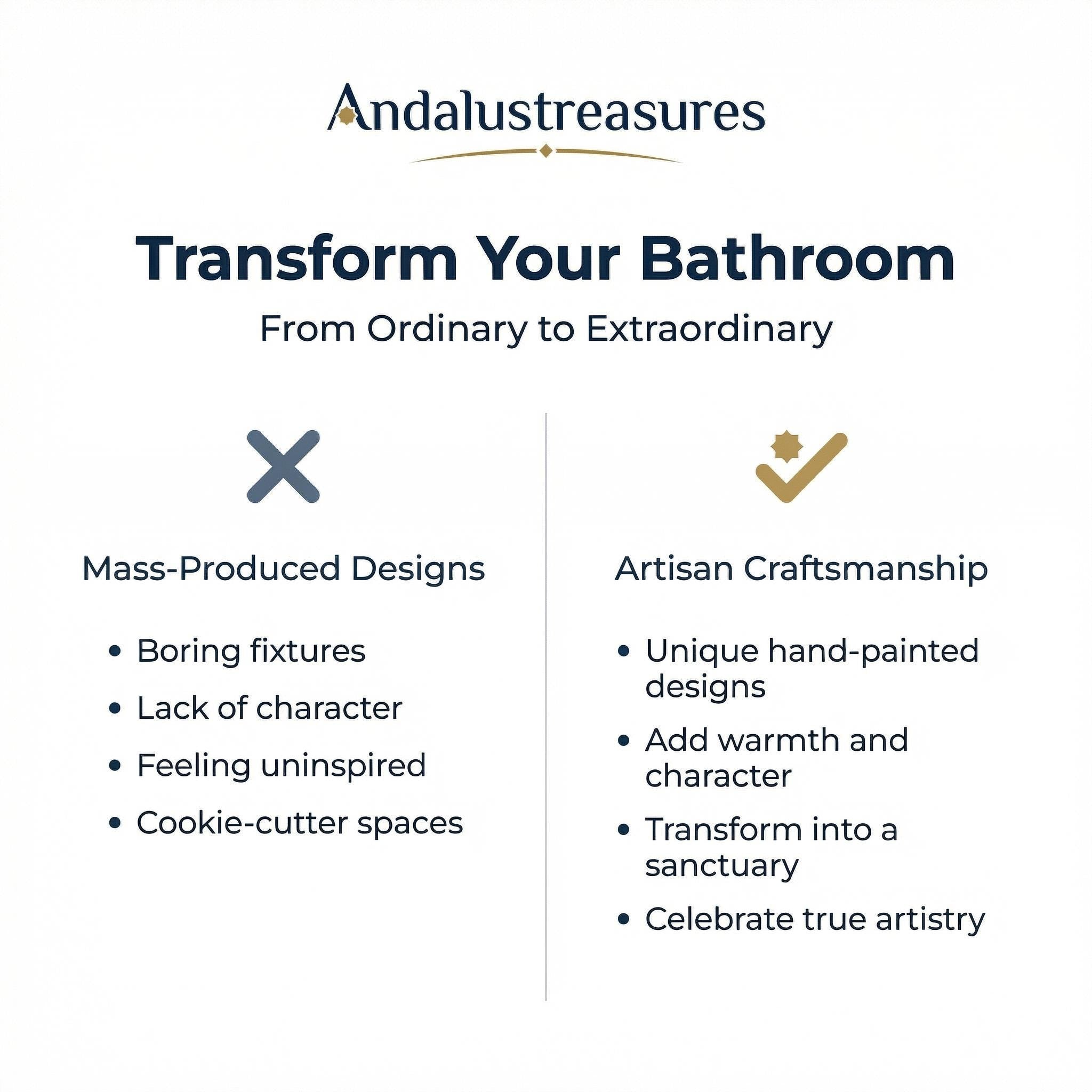 The image is a comparison between mass-produced designs and artisan craftsmanship, focusing on the transformation of a bathroom from ordinary to extraordinary.