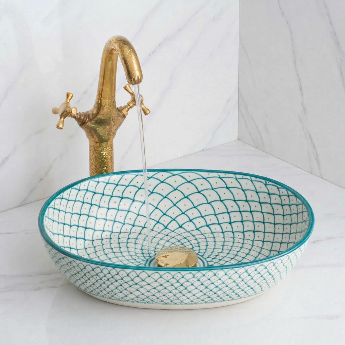 Moroccan Vessel Sink, Hand-Painted Green Oval Porcelain, 32-48 Cm.