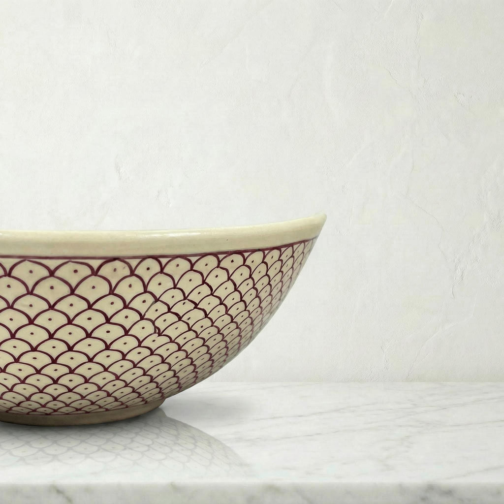 Moroccan Vessel Sink, Hand-Painted Burgundy Ceramic, 8-16" Round.