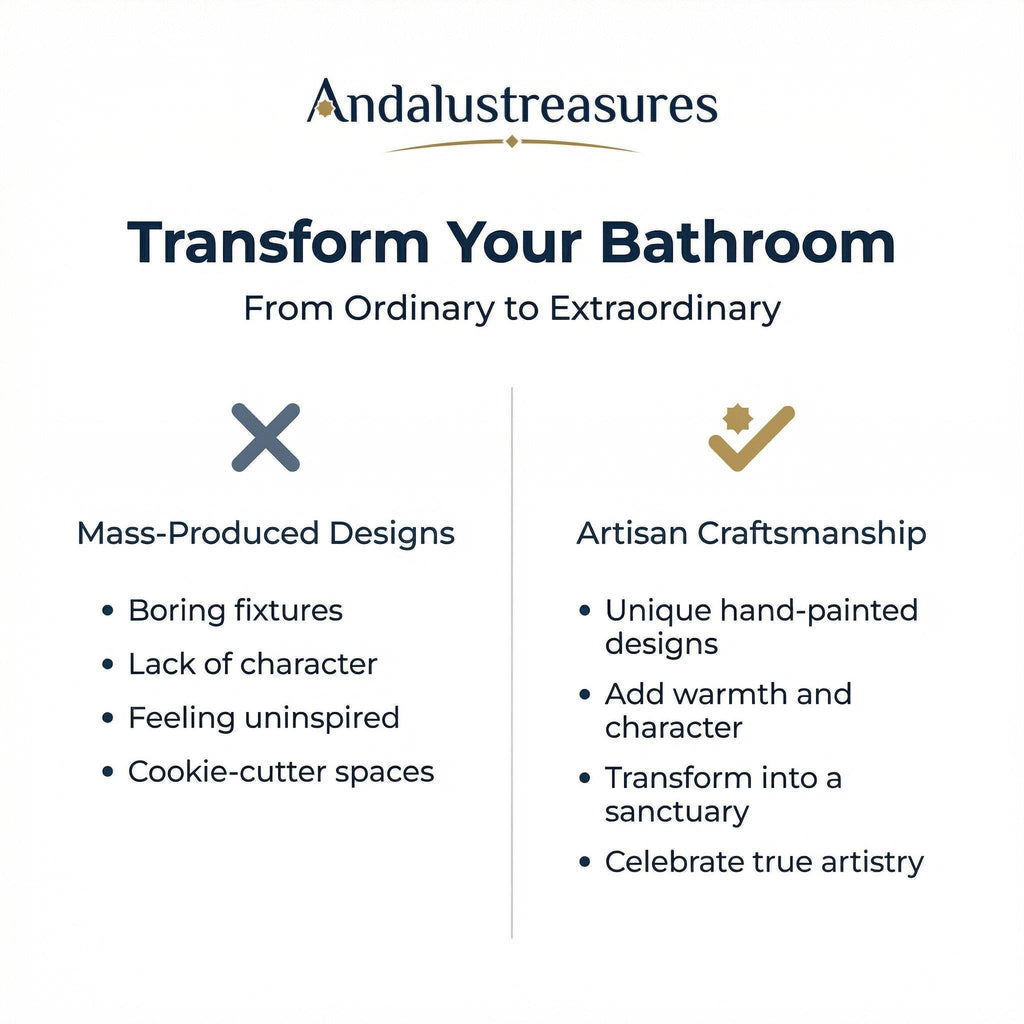 The image is a comparison between mass-produced designs and artisan craftsmanship, focusing on the transformation of a bathroom from ordinary to extraordinary.