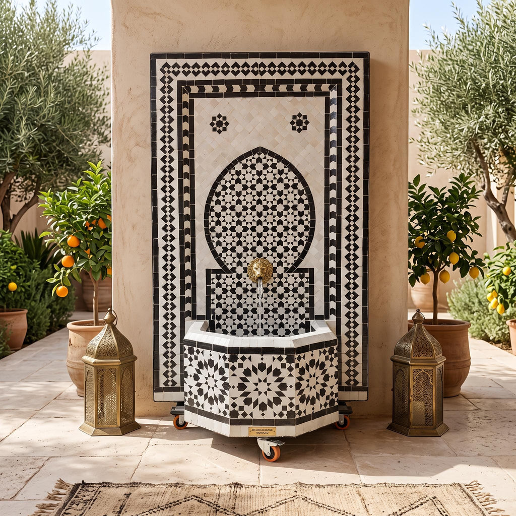 a decorative fountain with a black and white tile pattern, surrounded by potted plants and orange trees. The fountain is situated in a courtyard, with two lanterns placed on either side.