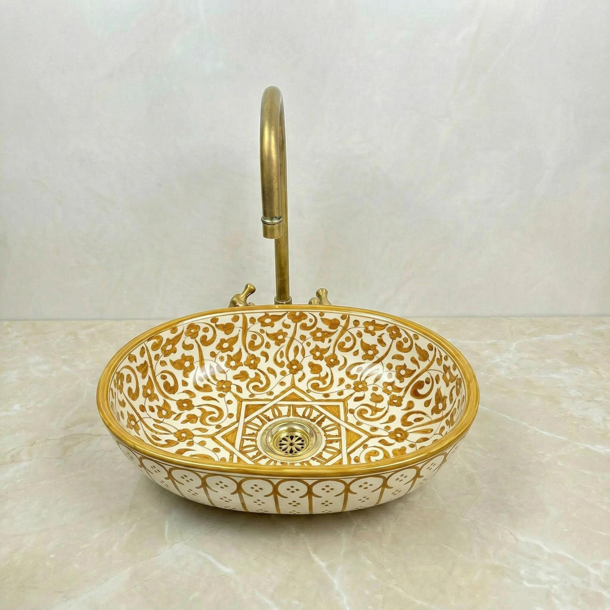 Handmade Moroccan Vessel Sink Oval Sage-Green, Brass Flower Drain