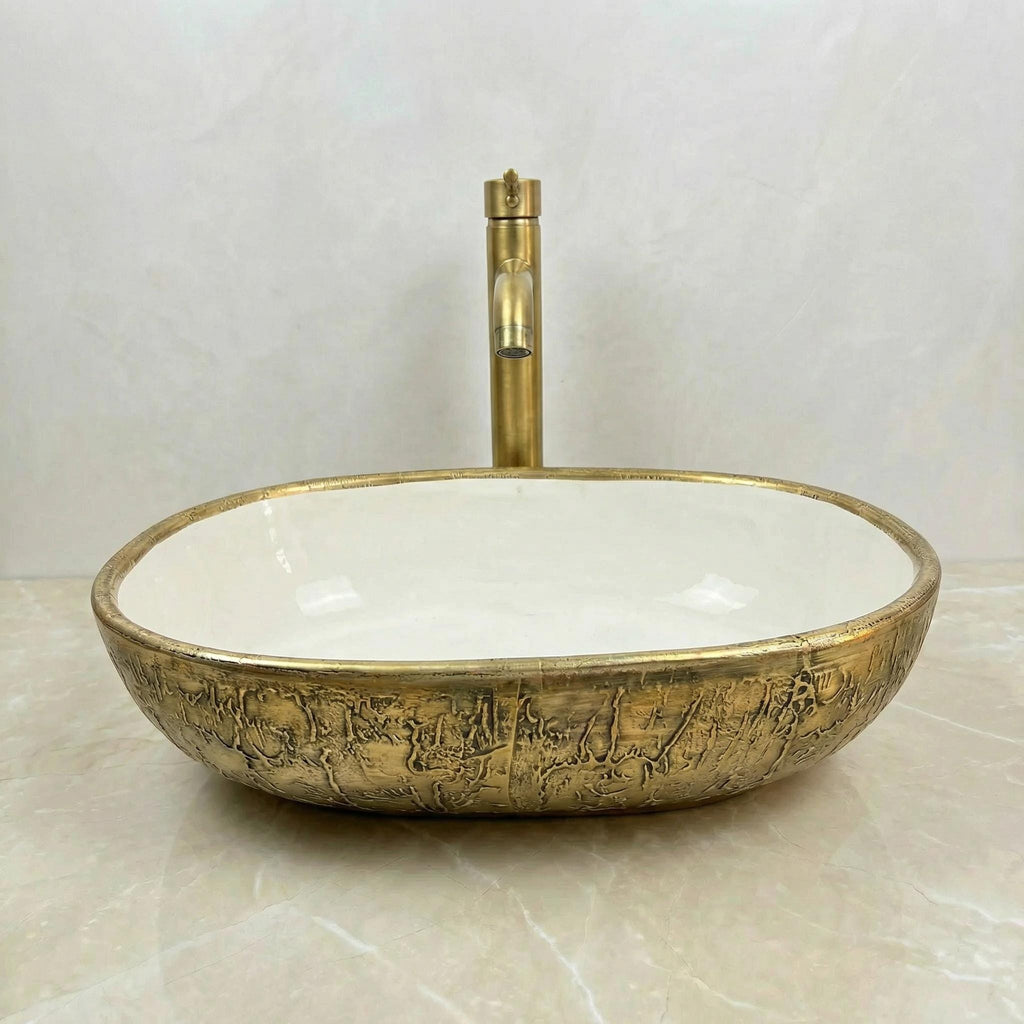 Handcrafted Oval Bathroom Sink, Porcelain Glossy White 40Cm Drain