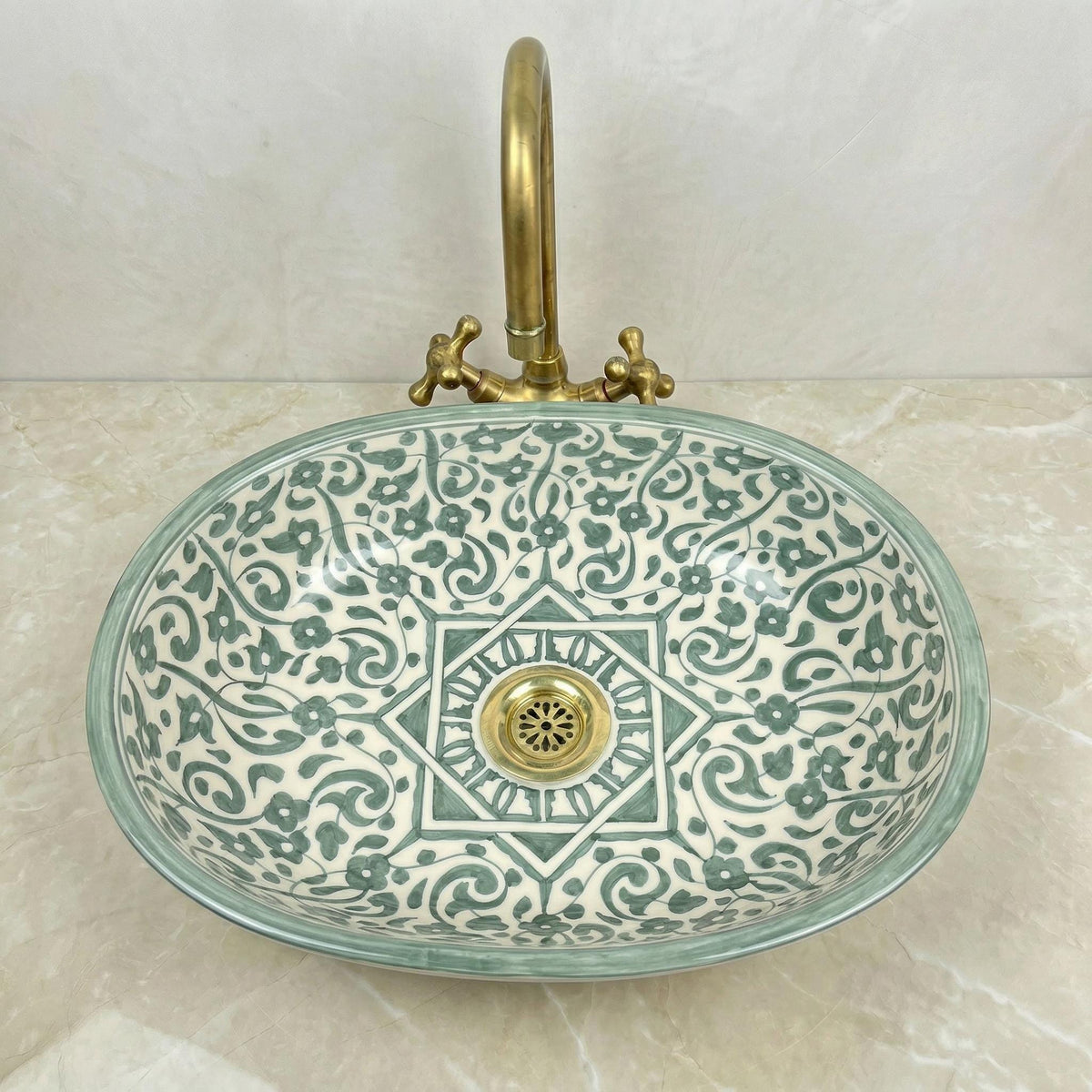 Handmade Moroccan Vessel Sink Oval Sage-Green, Brass Flower Drain