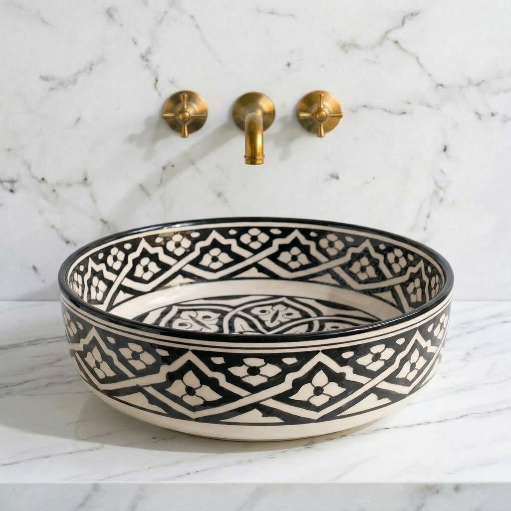 Ceramic Vessel Sink, Moroccan Hand-Painted Sage Green Basin, 12".