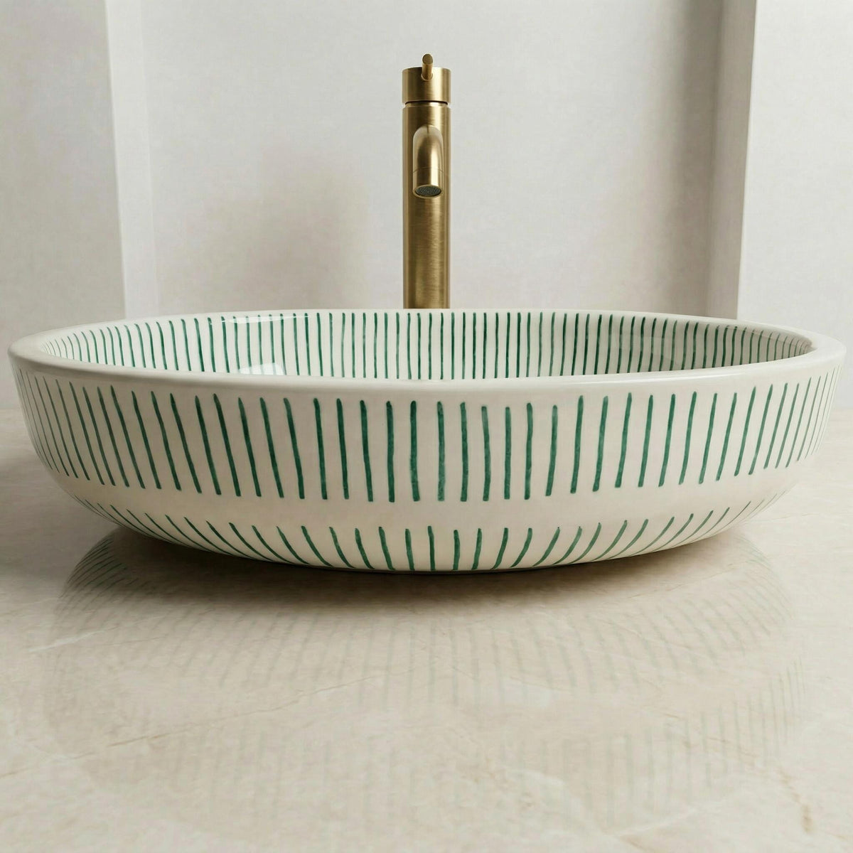 Moroccan Vessel Sink, Fez Pottery Oval Basin, 32-48cm Brass Drain