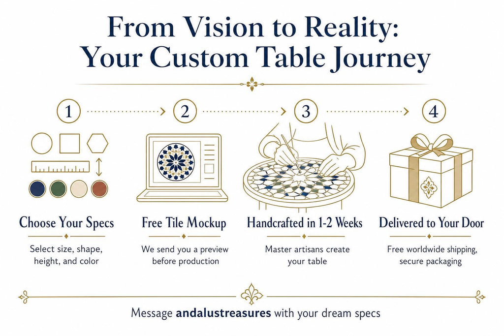 The image is a step-by-step guide that illustrates the process of creating a custom table, from selecting the specs to delivering the table. It includes illustrations of a laptop displaying a tile design, a handcrafted table, and a gift box. The guide provides a clear and concise description of each step, ensuring that the message is easily understood and free from redundancy.