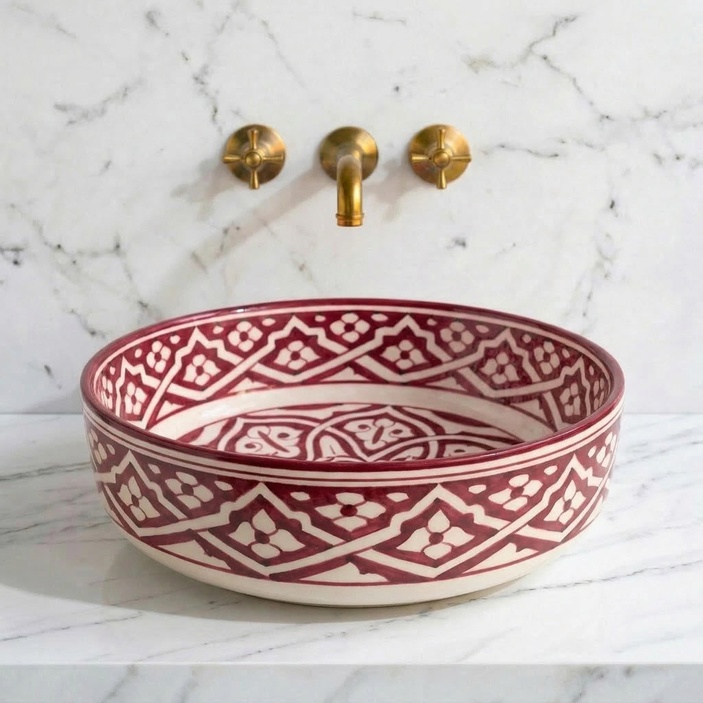 Ceramic Vessel Sink, Moroccan Hand-Painted Sage Green Basin, 12".