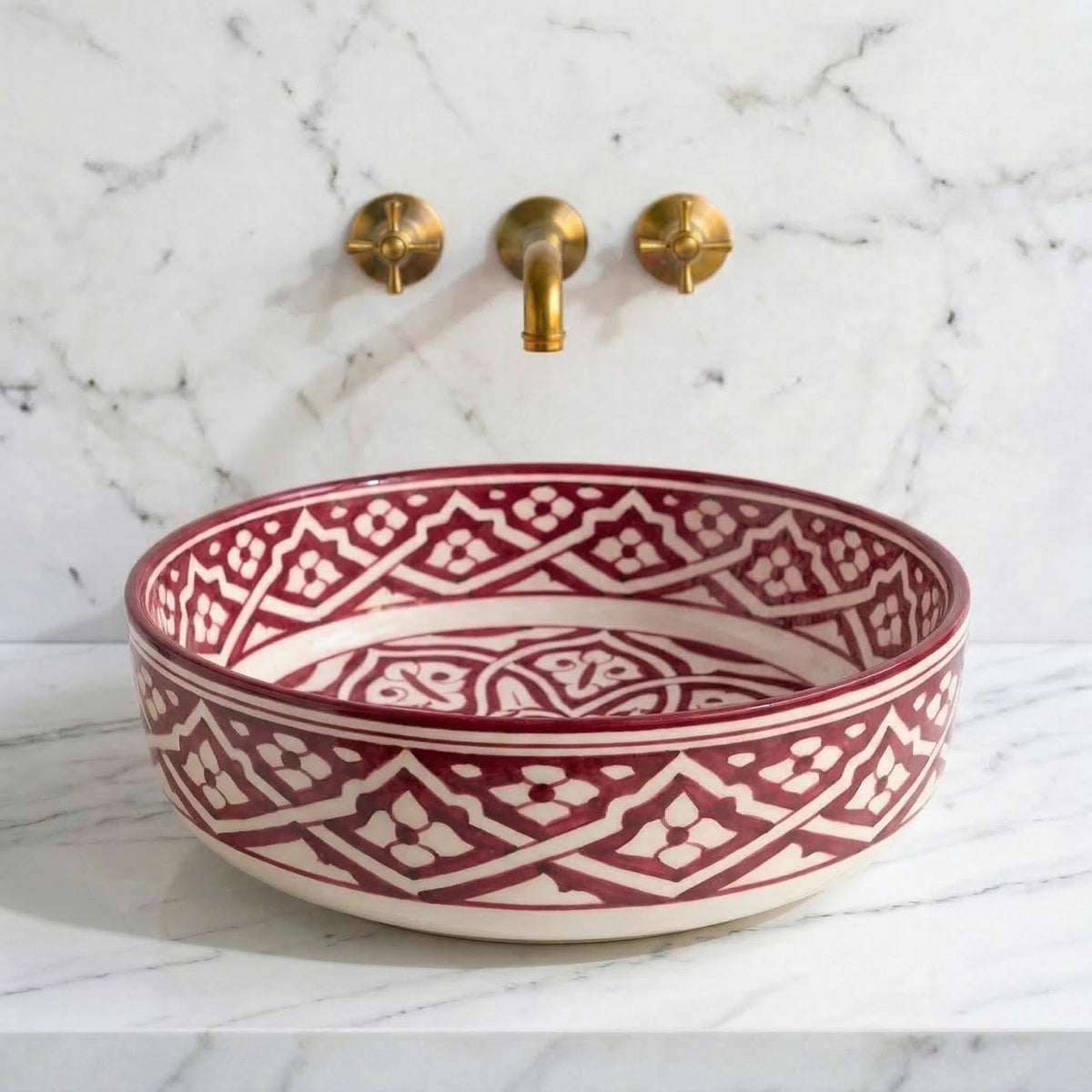 Ceramic Vessel Sink, Moroccan Hand-Painted Sage Green Basin, 12".