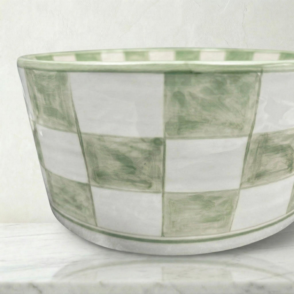Sage Green Vessel Sink, Handcrafted Ceramic 12" Basin Brass Drain