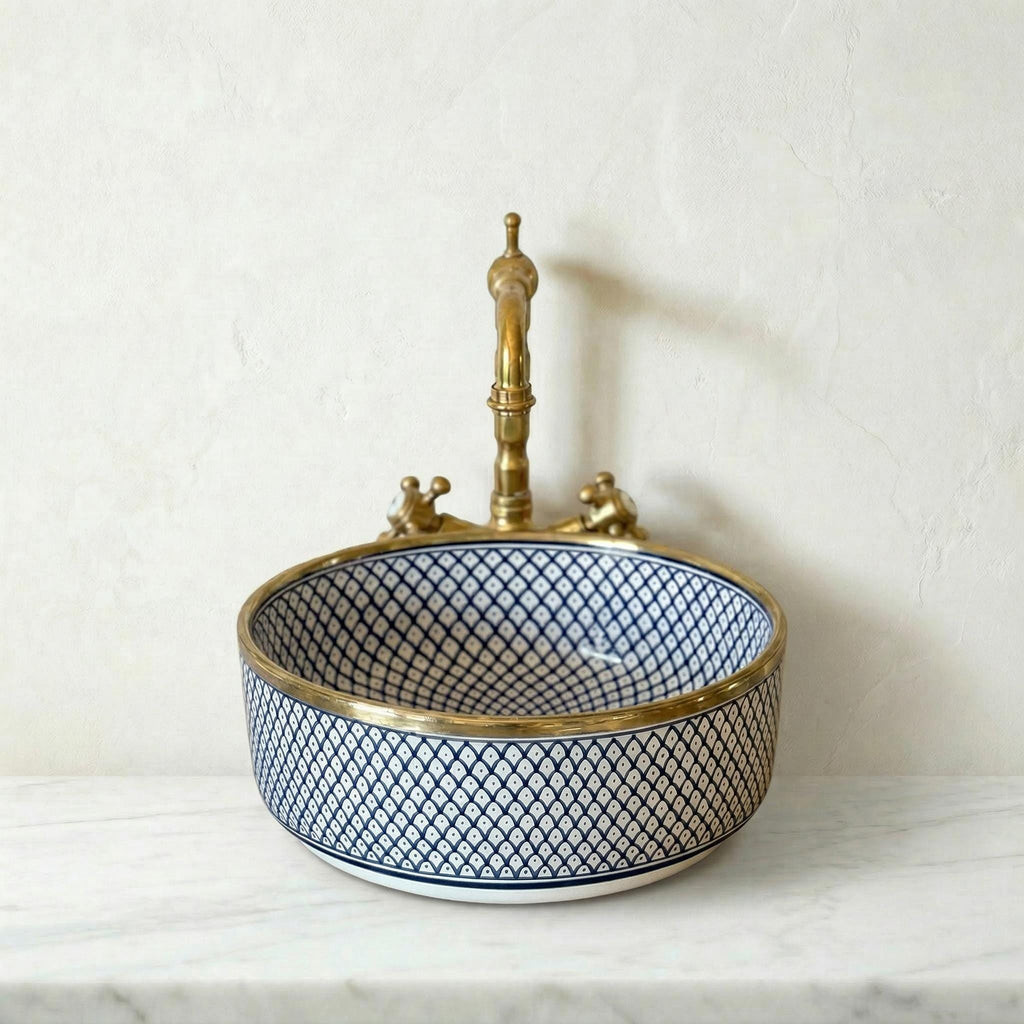 Navy Blue Vessel Sink Porcelain 12" Countertop Basin 14K Gold Rim