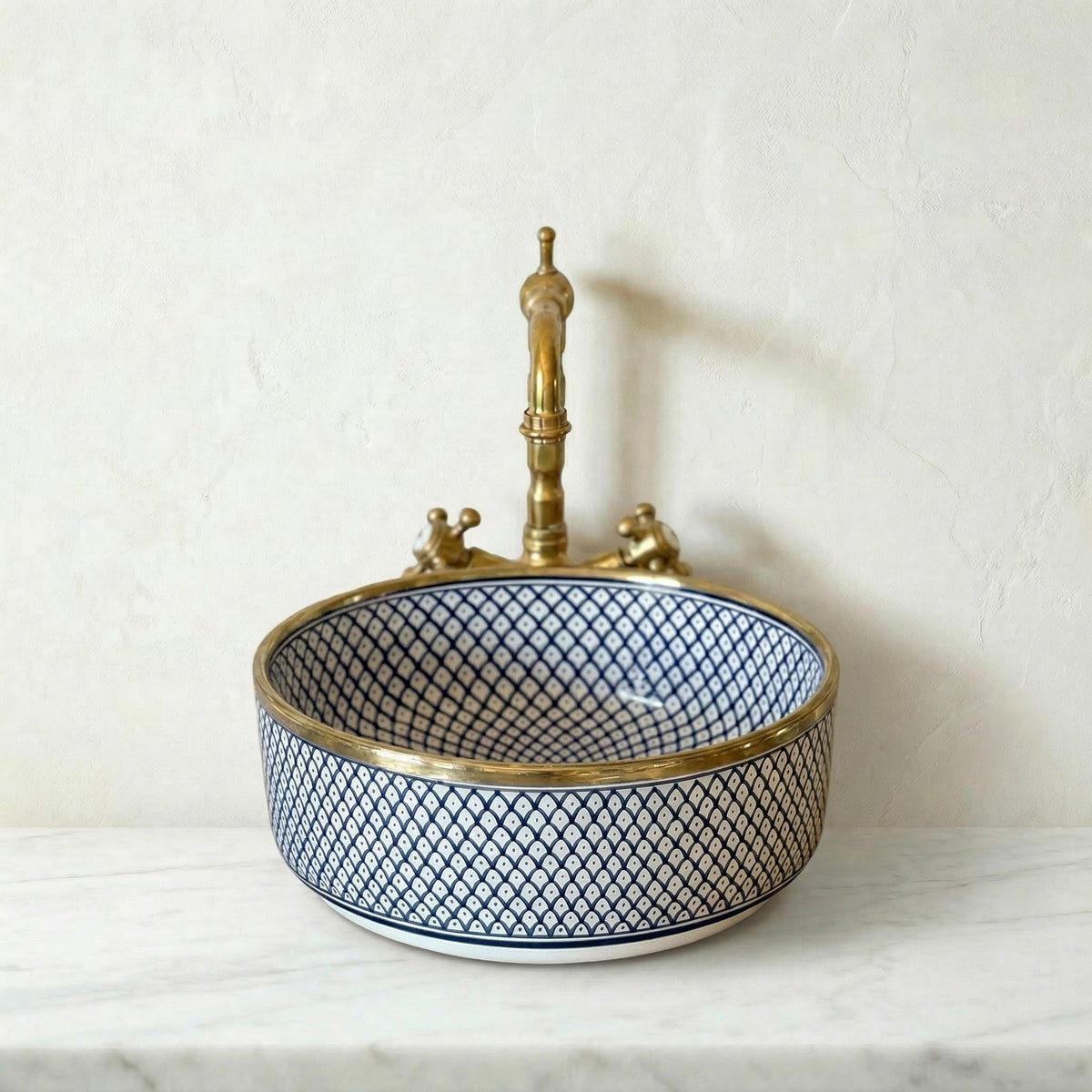 Navy Blue Vessel Sink Porcelain 12" Countertop Basin 14K Gold Rim