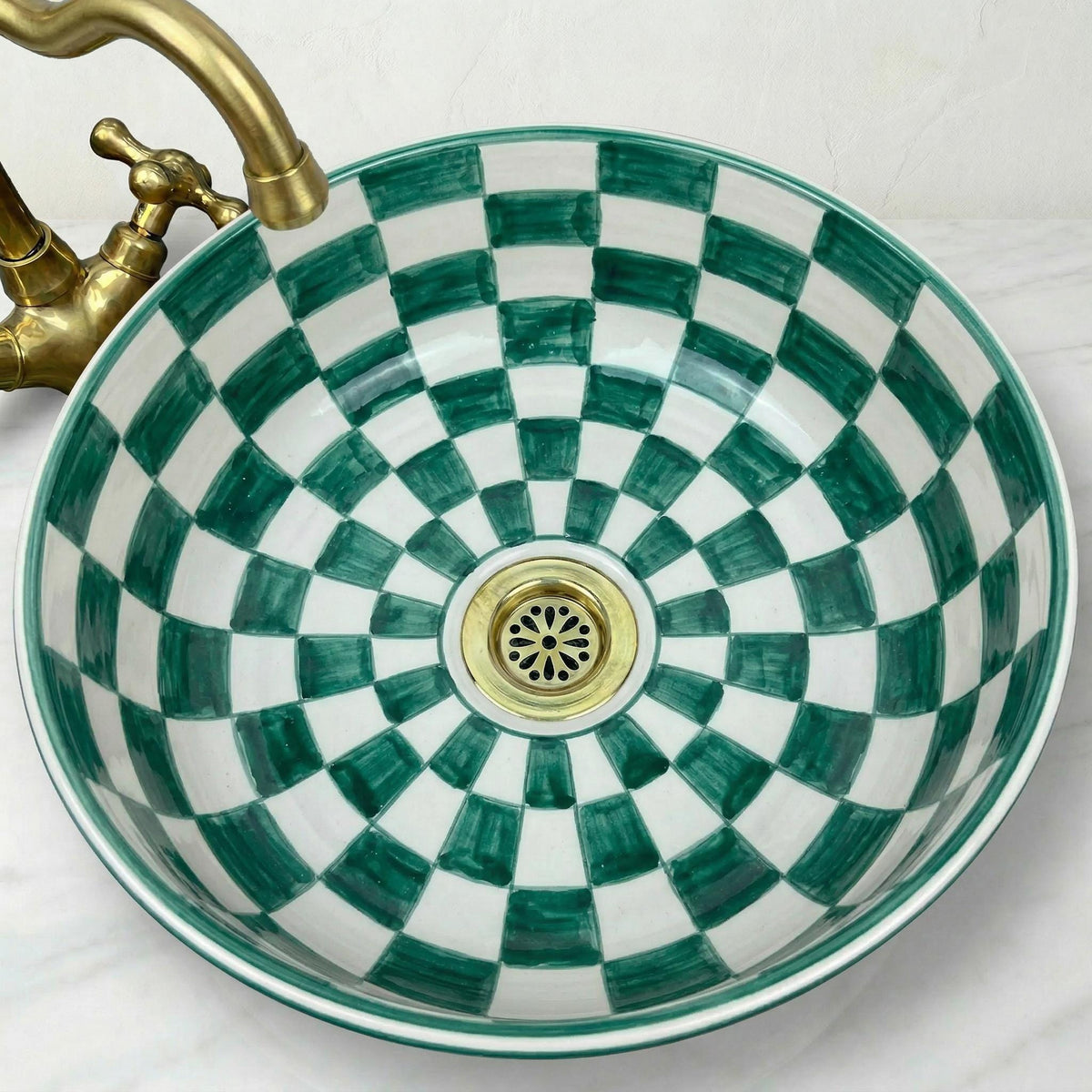 Sage Green Vessel Sink, Handcrafted Ceramic 12" Basin Brass Drain