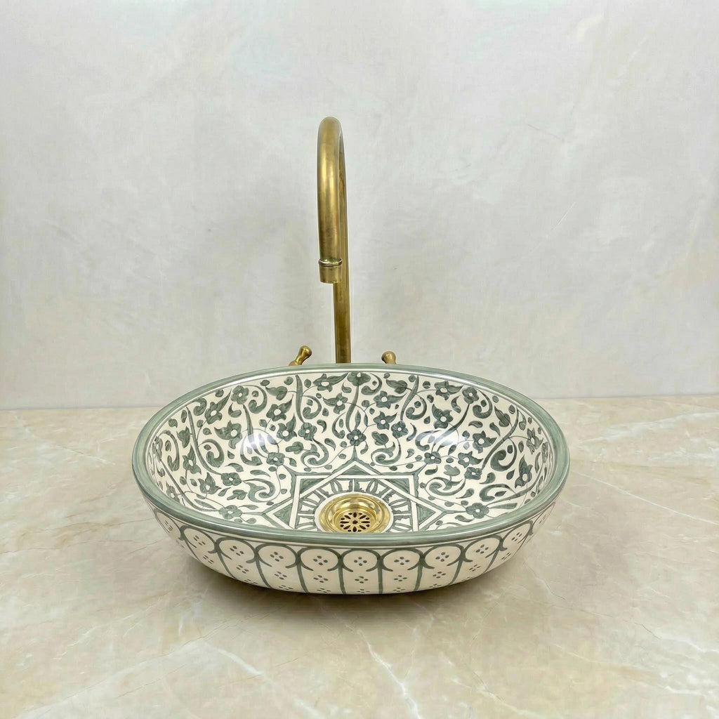 Sage Green Handmade Oval Porcelain Basin, High Gloss Ceramic Vessel Sink for Bathroom Vanity