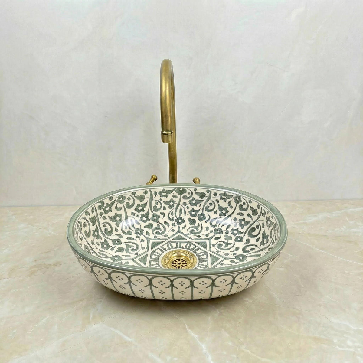 Sage Green Handmade Oval Porcelain Basin, High Gloss Ceramic Vessel Sink for Bathroom Vanity