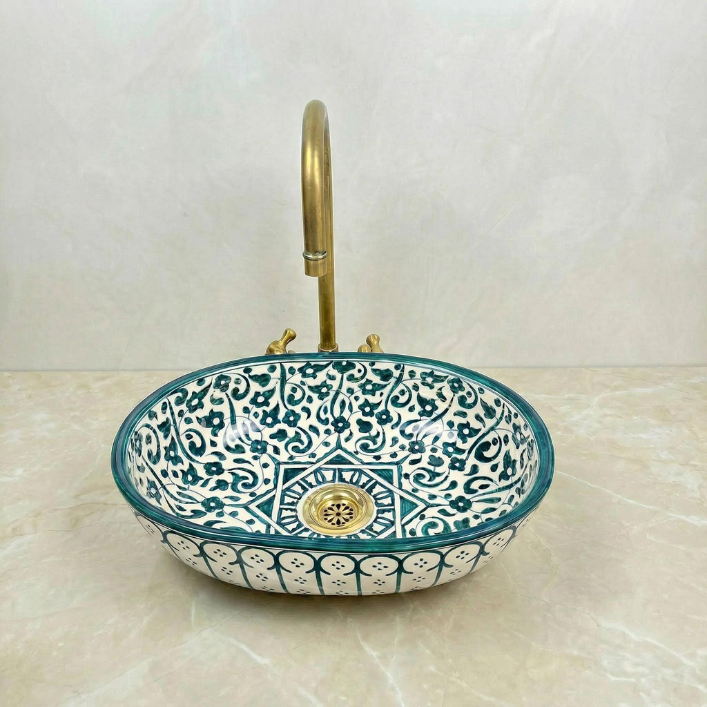 Handmade Moroccan Vessel Sink Oval Sage-Green, Brass Flower Drain