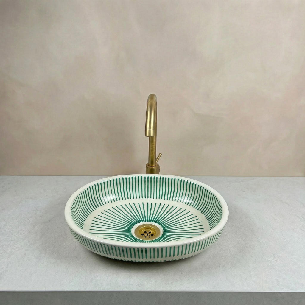 Fes Ceramic Washbasin' Oval Moroccan Vessel Sink, Handmade 40 cm Brass Drain
