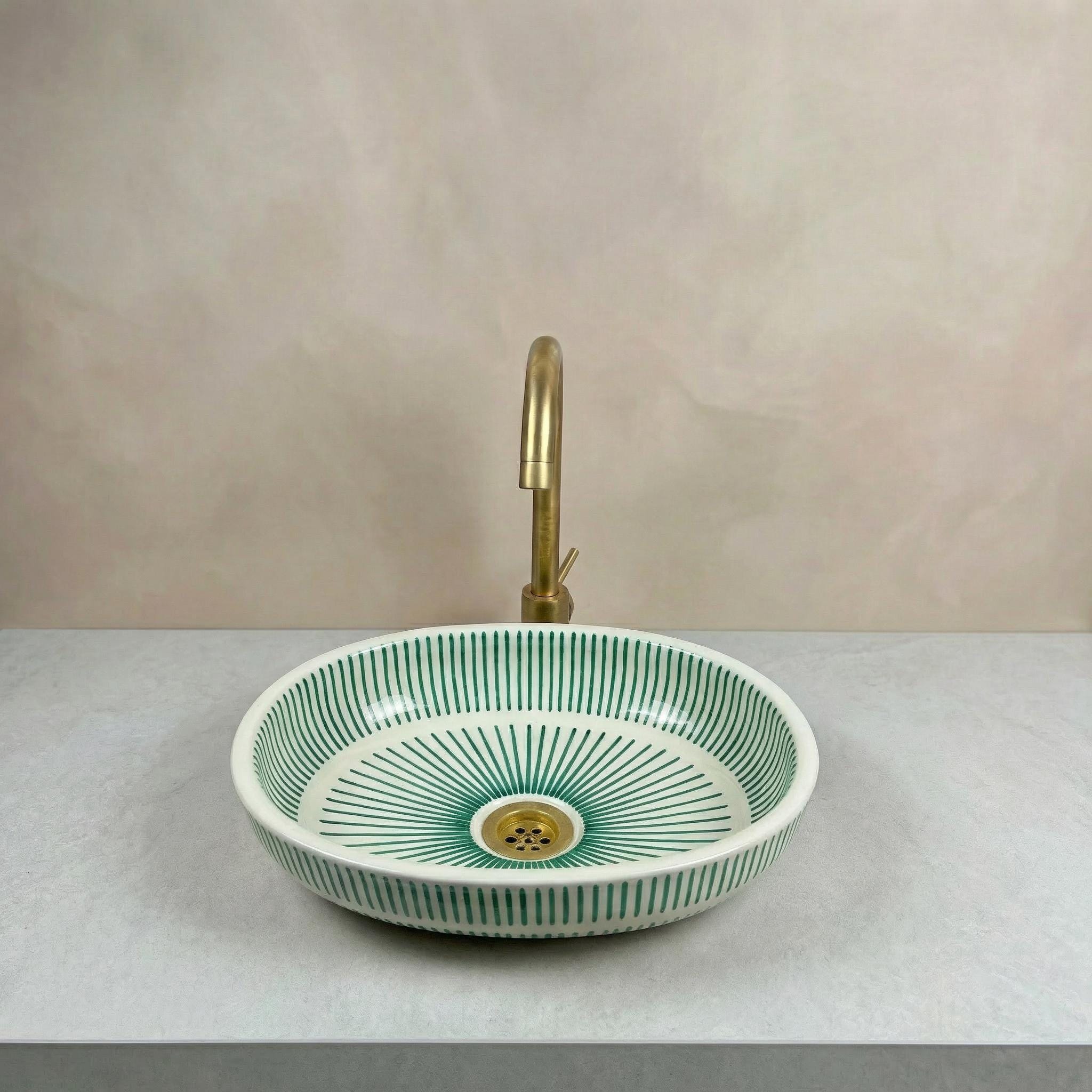 Fes Ceramic Washbasin' Oval Moroccan Vessel Sink, Handmade 40 cm Brass Drain