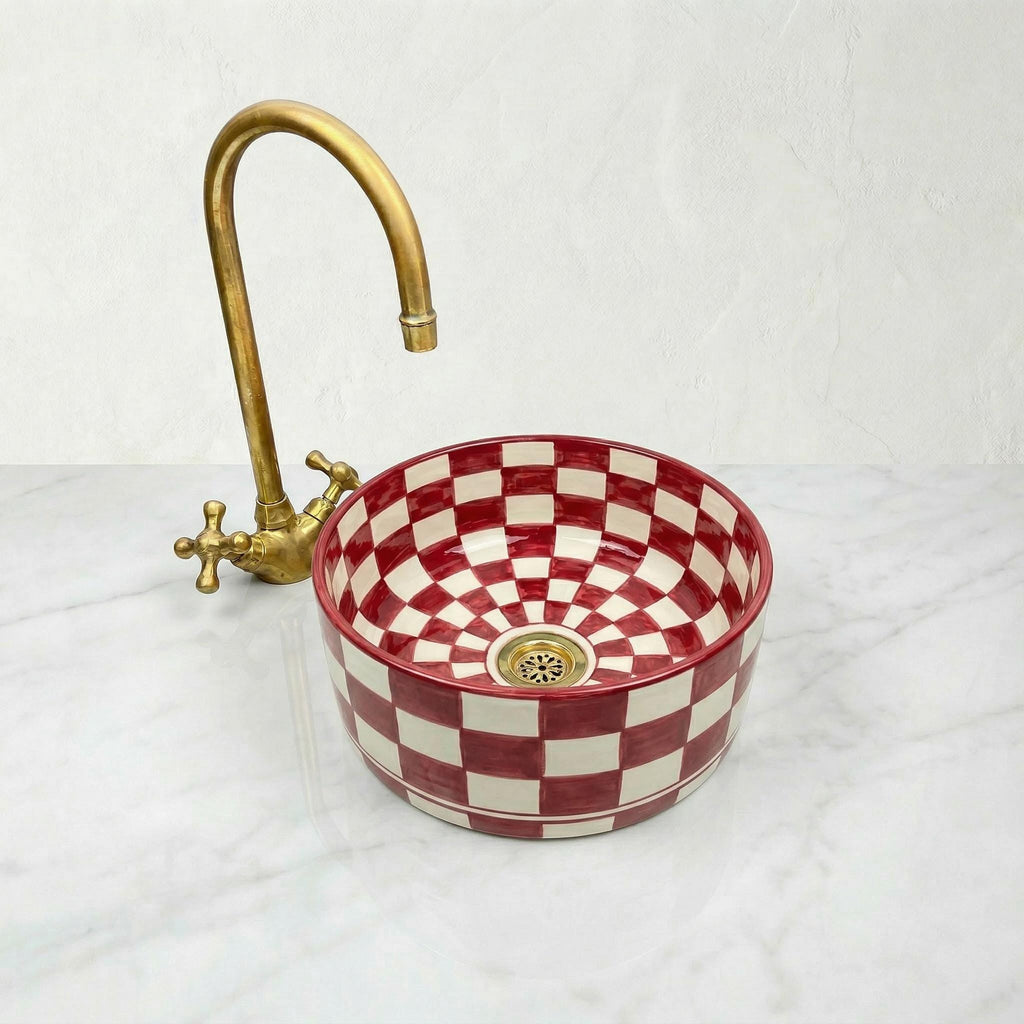 Moroccan Vessel Sink, Ruby Red Checkered Ceramic Basin, 8"-16"Dia