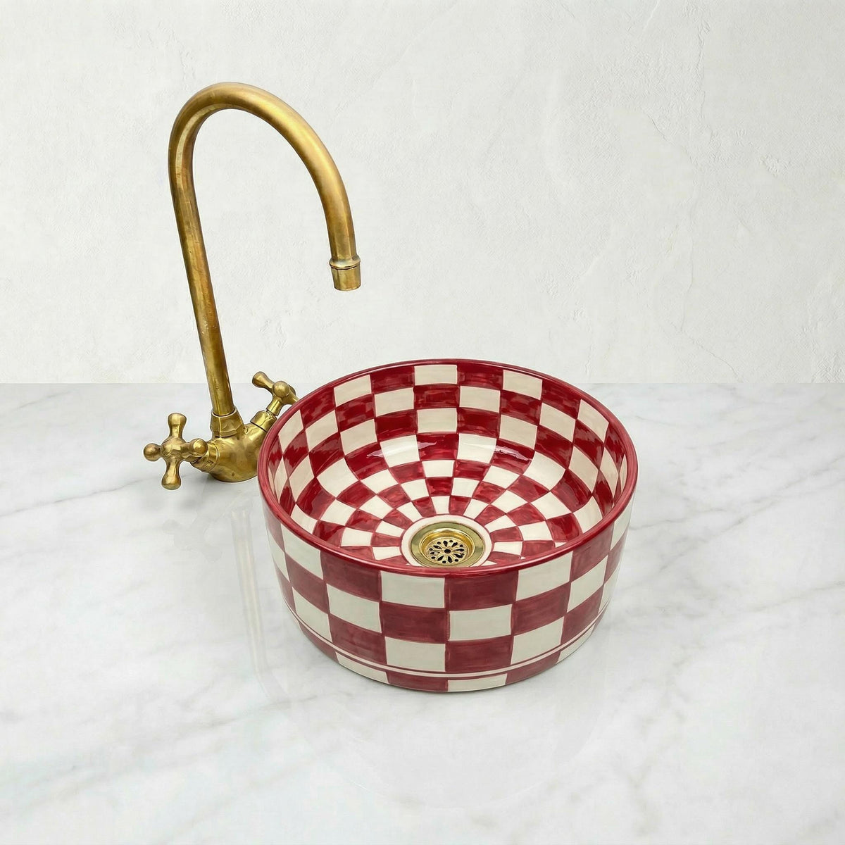 Moroccan Vessel Sink, Ruby Red Checkered Ceramic Basin, 8"-16"Dia
