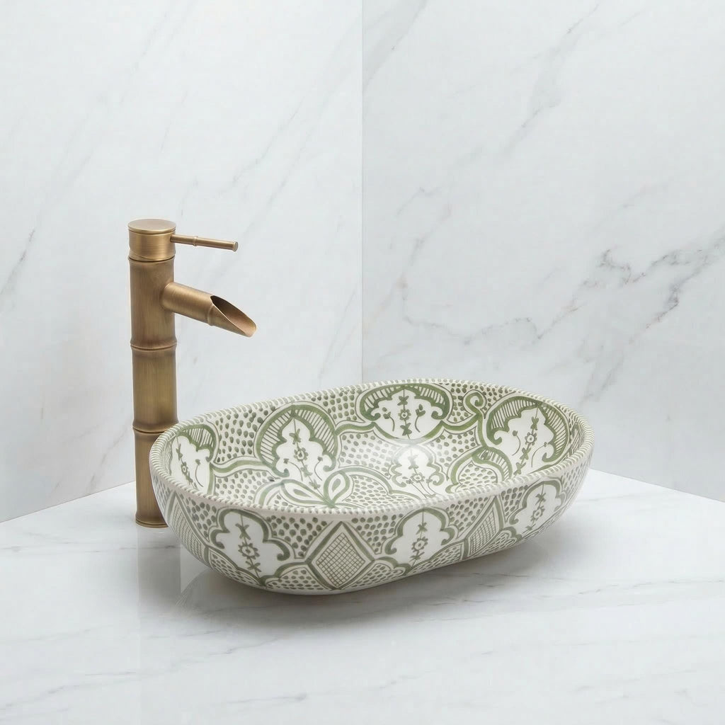 moroccan ceramic vessel sink, Sage Oval Handmade 38cm Brass Drain