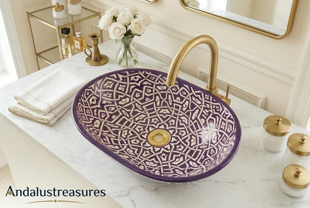 Green Moroccan Vessel Sink, Handcrafted Oval Porcelain Basin 40cm