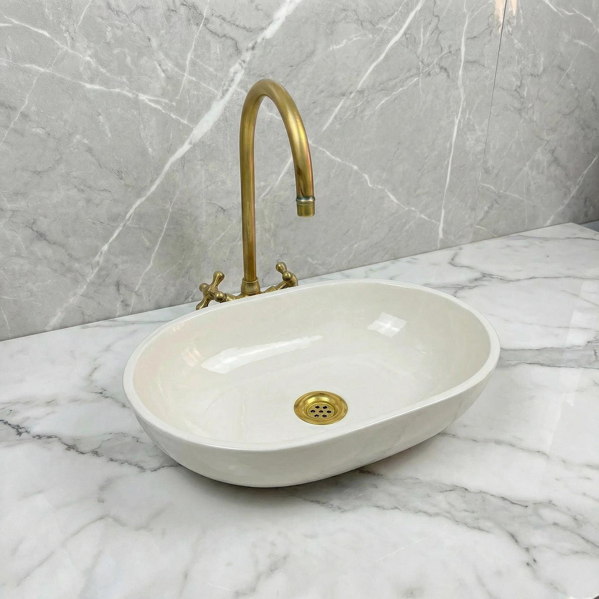 White Minimalist Oval Sink | Handcrafted Artisanal Moroccan Porcelain Vanity Basin