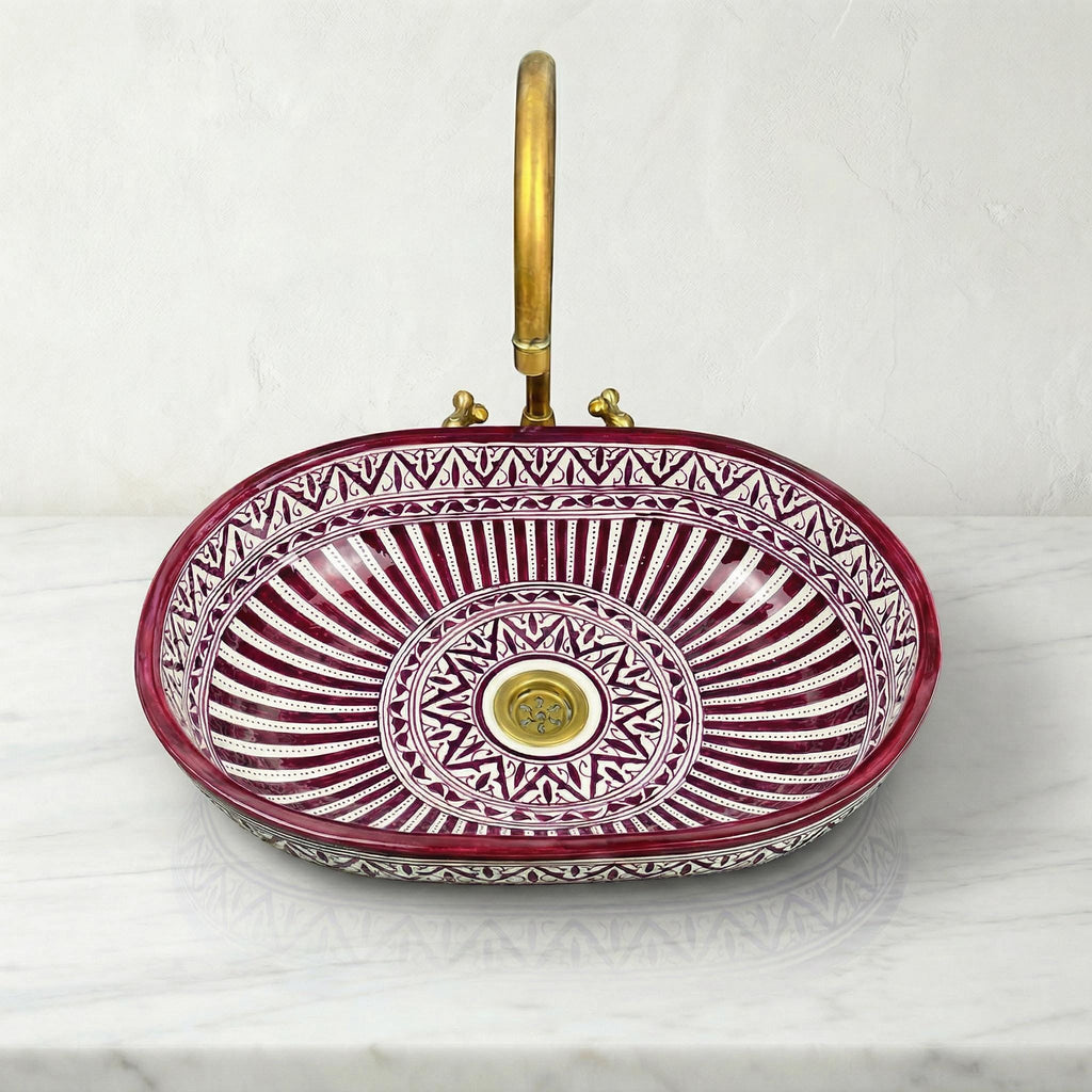 Moroccan Ceramic Sink, Oval Porcelain Basin 40cm With Brass Drain