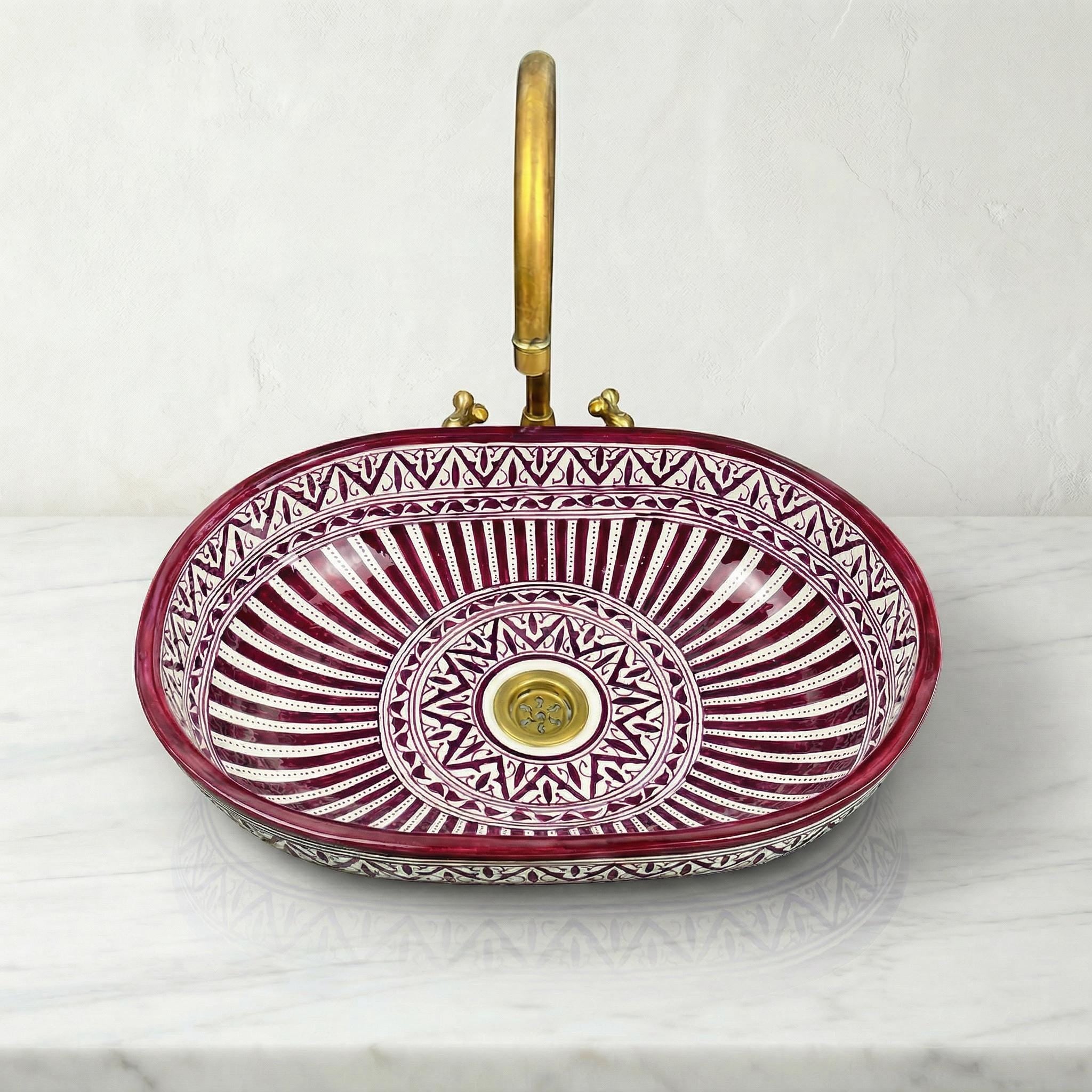 Moroccan Ceramic Sink, Oval Porcelain Basin 40cm With Brass Drain