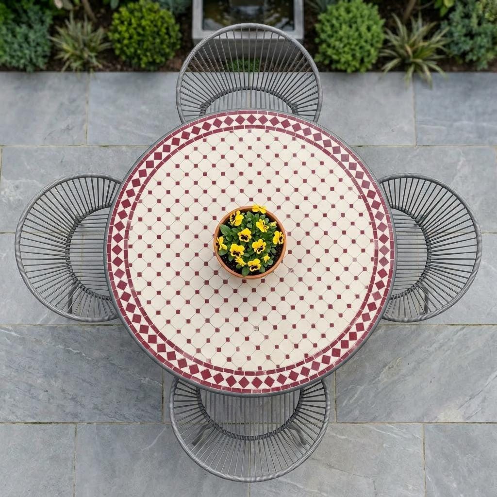 Moroccan Mosaic Table, Zellige 12-48 Inch Iron Base, Hairpin Legs