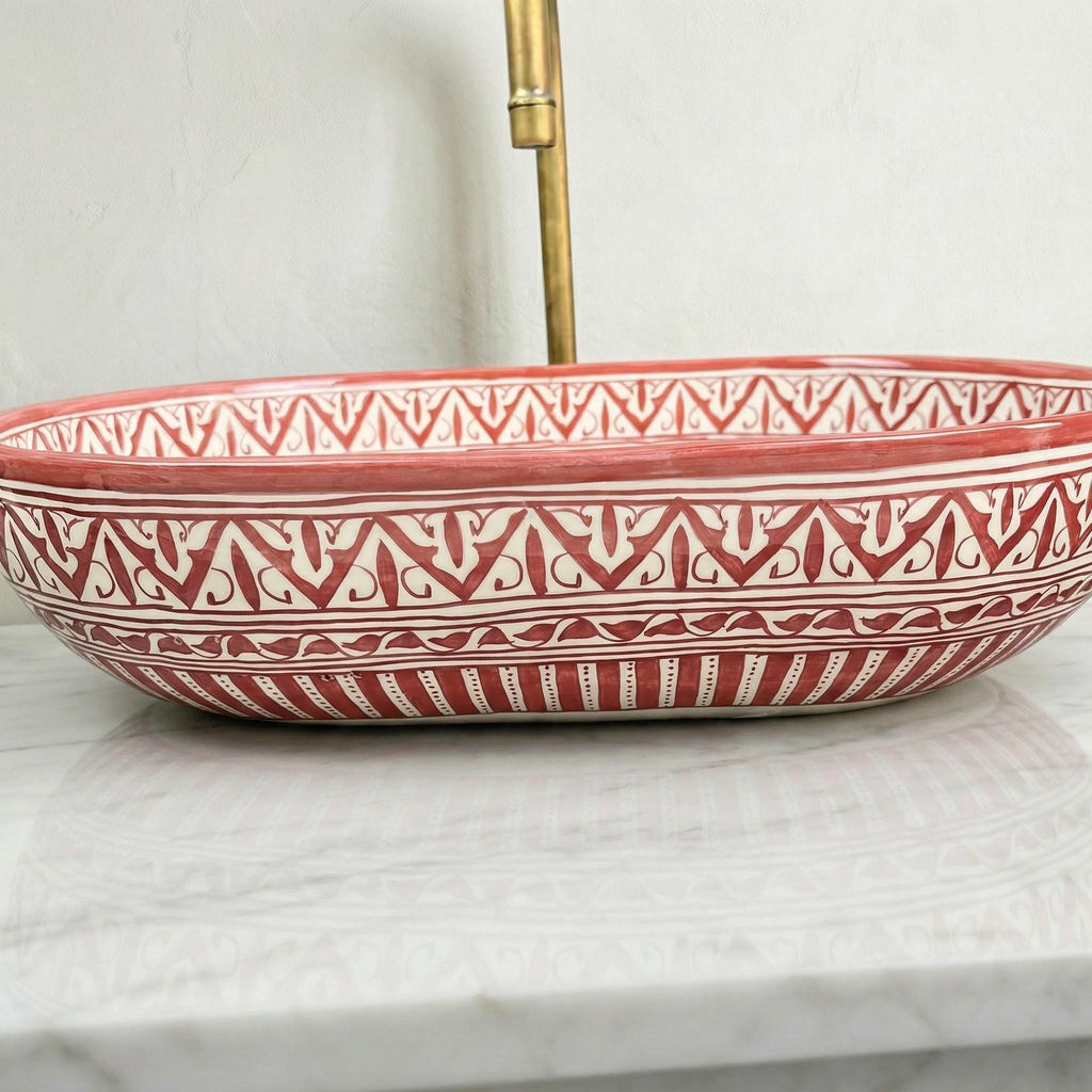 Moroccan Ceramic Vessel Sink, Coral Pink Oval, Free Drain Gift XL