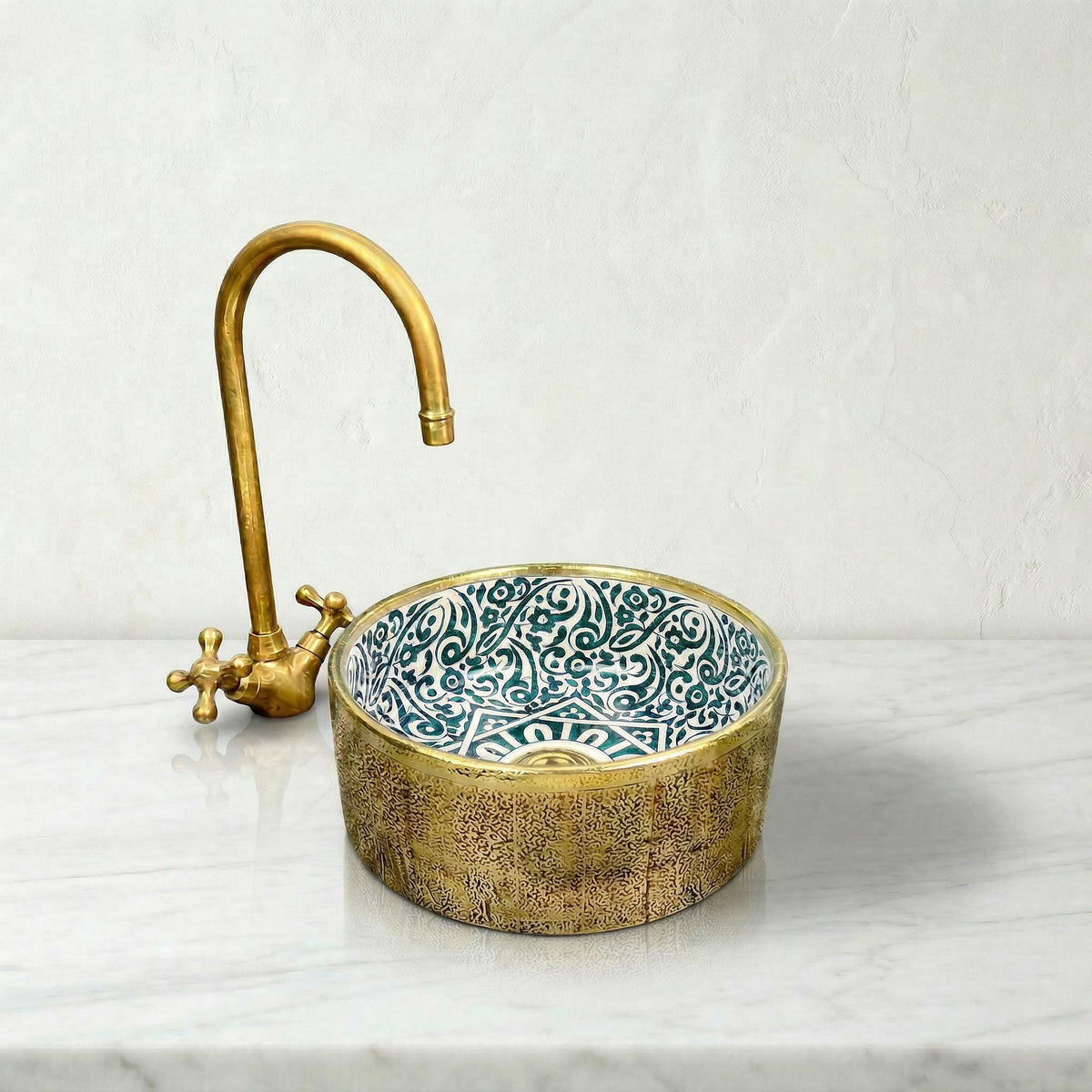 Moroccan Ceramic Vessel Sink Emerald Green, Handmade Compact 30cm