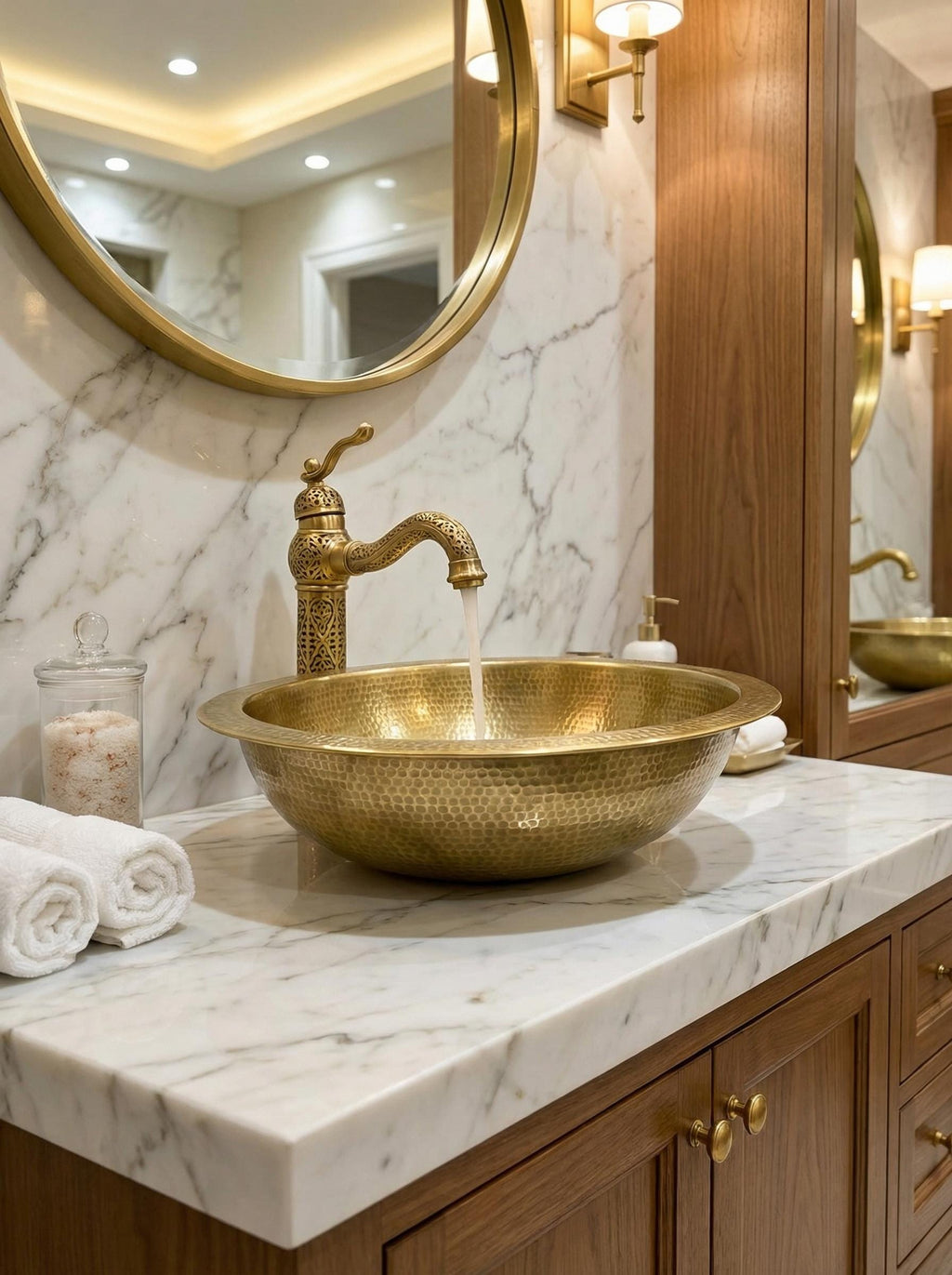 Hammered Brass Vessel Sink, 16in Round Antique Finish Basin Small
