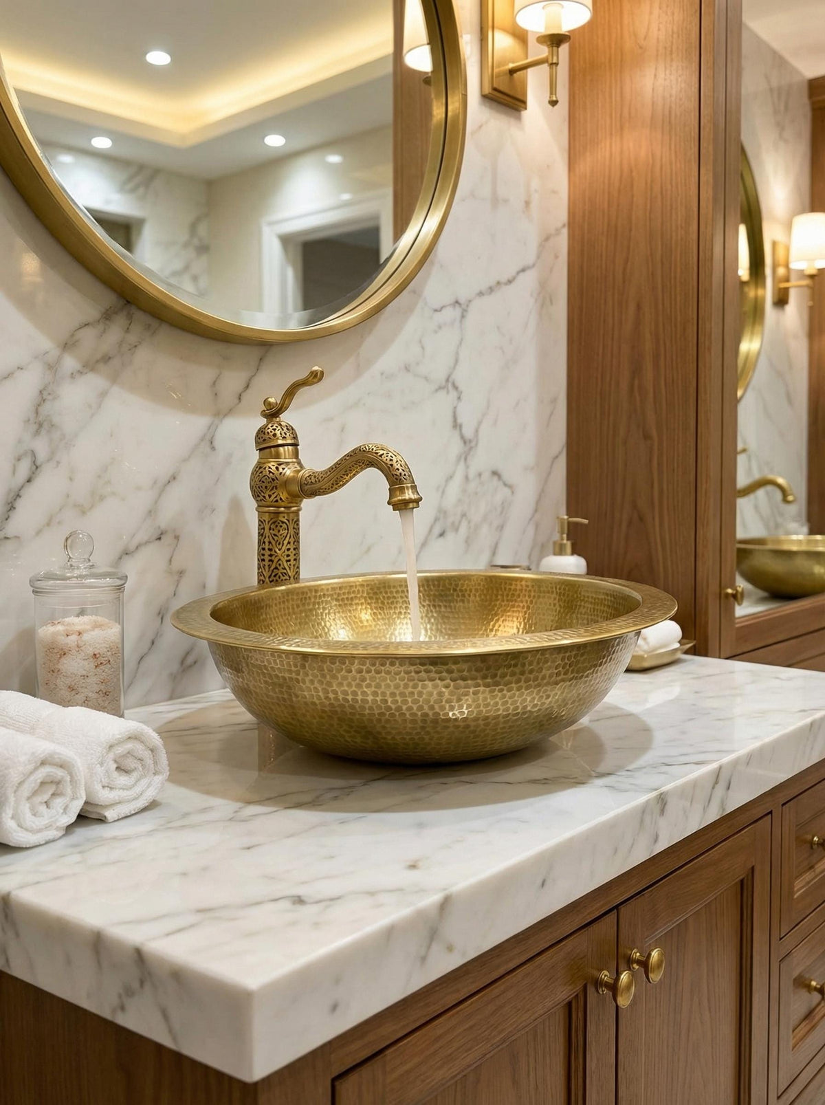 Hammered Brass Vessel Sink, 16in Round Antique Finish Basin Small