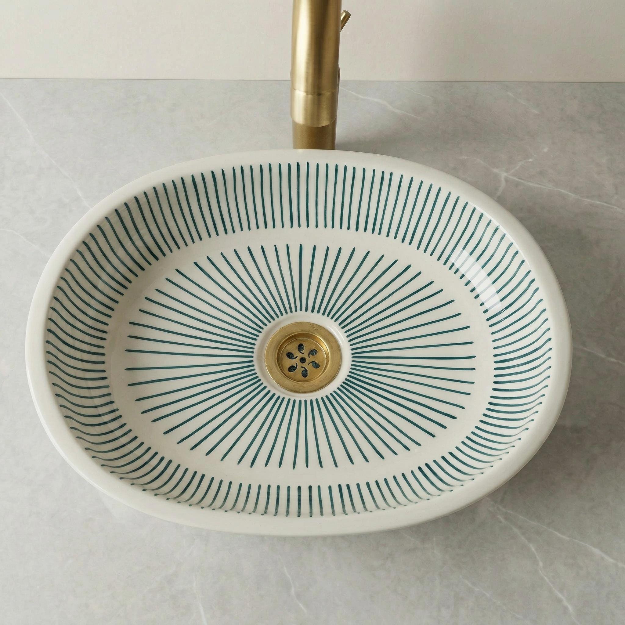 Moroccan Ceramic Sink, Orange Zellige Oval Basin 40Cm Brass Drain