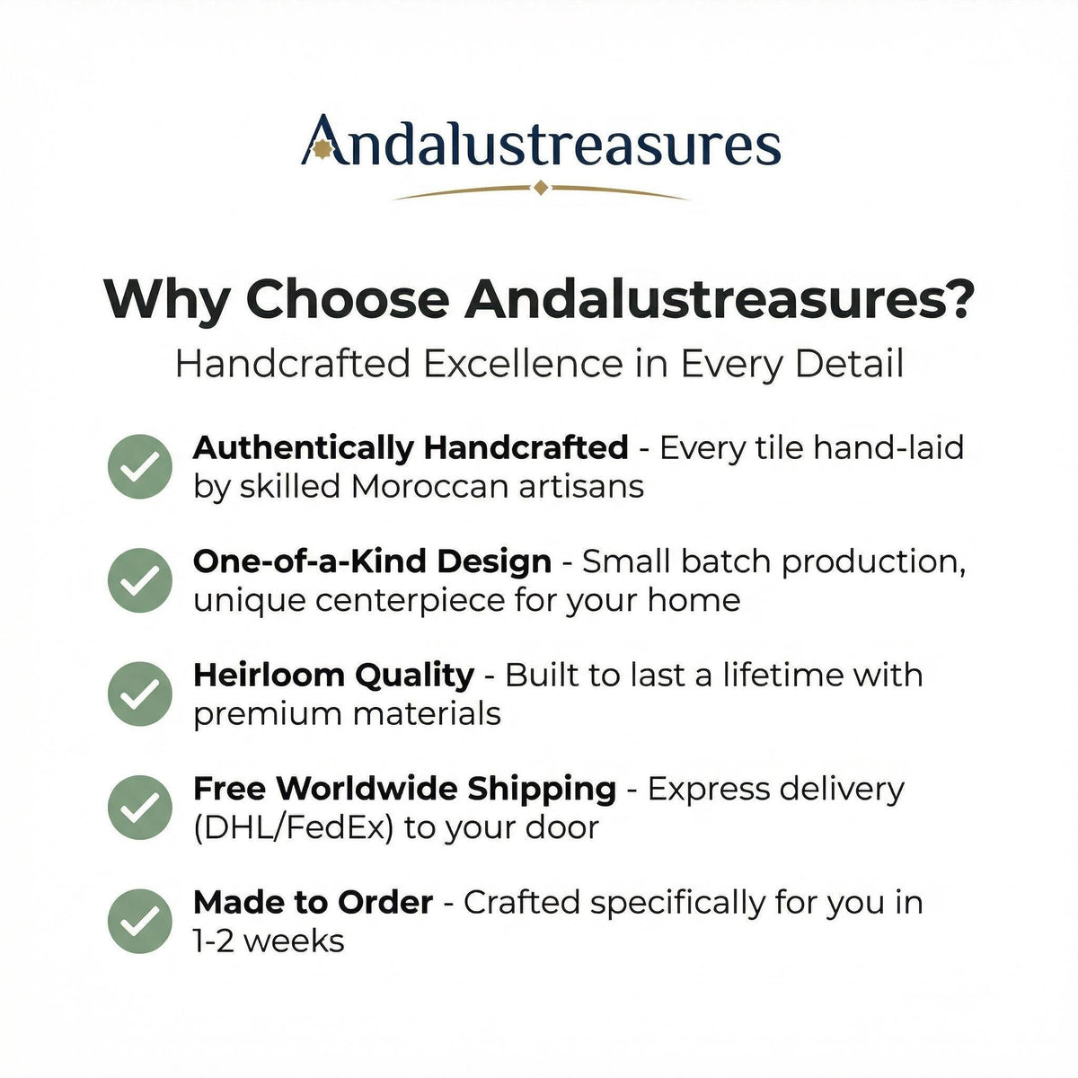 The image is a list of reasons why someone should choose Andalustreasures over other products.