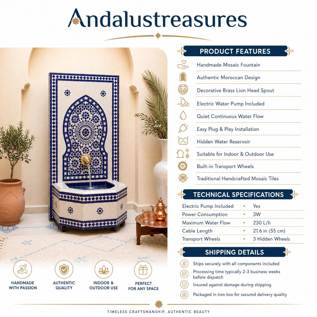 a handcrafted mosaic fountain with a traditional Moroccan design, including a decorative brass lion head spout and an electric water pump. The fountain is set against a backdrop of a white wall with a blue and white pattern.