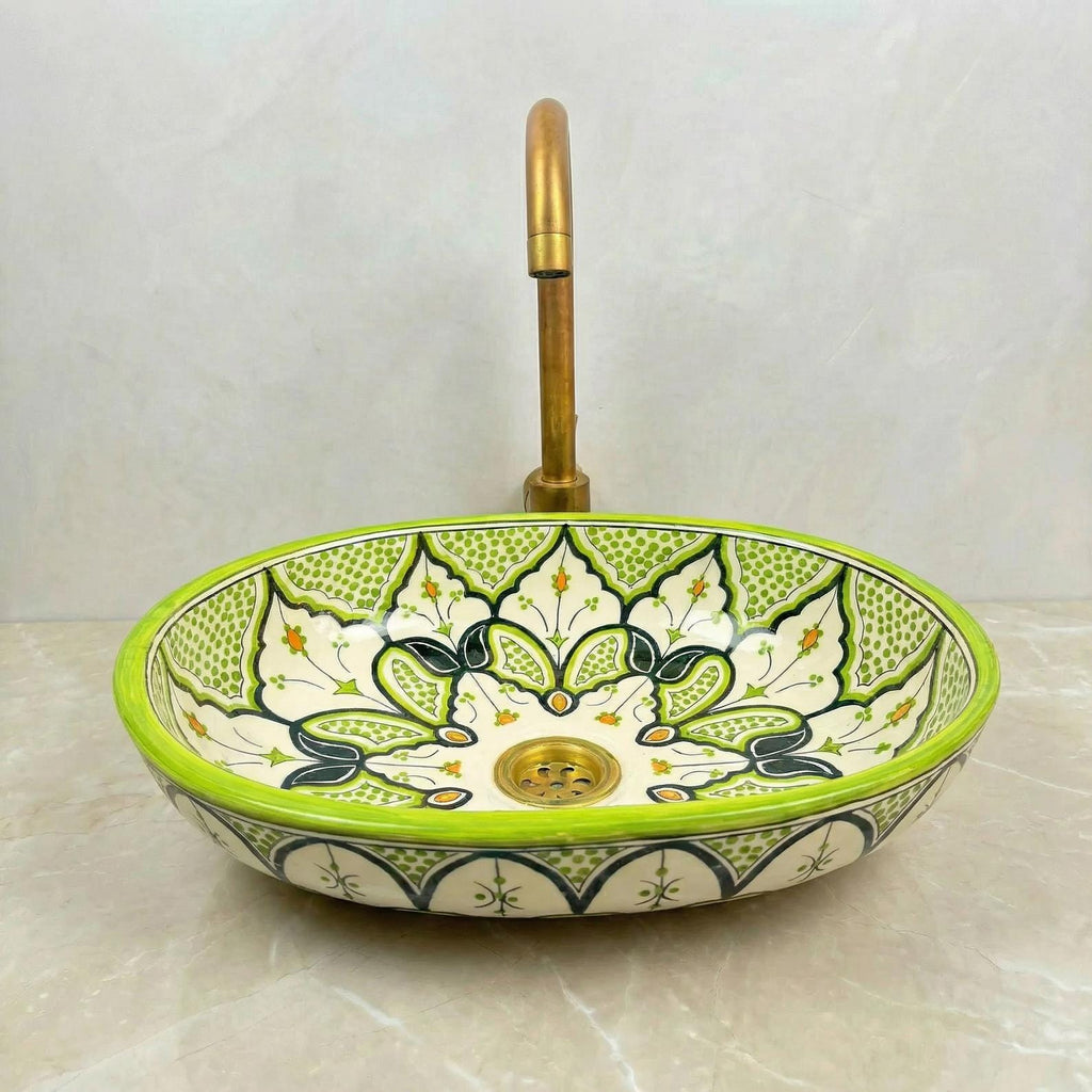 Moroccan Vessel Sink, Oval Turquoise Floral Handmade Basin, 36 Cm