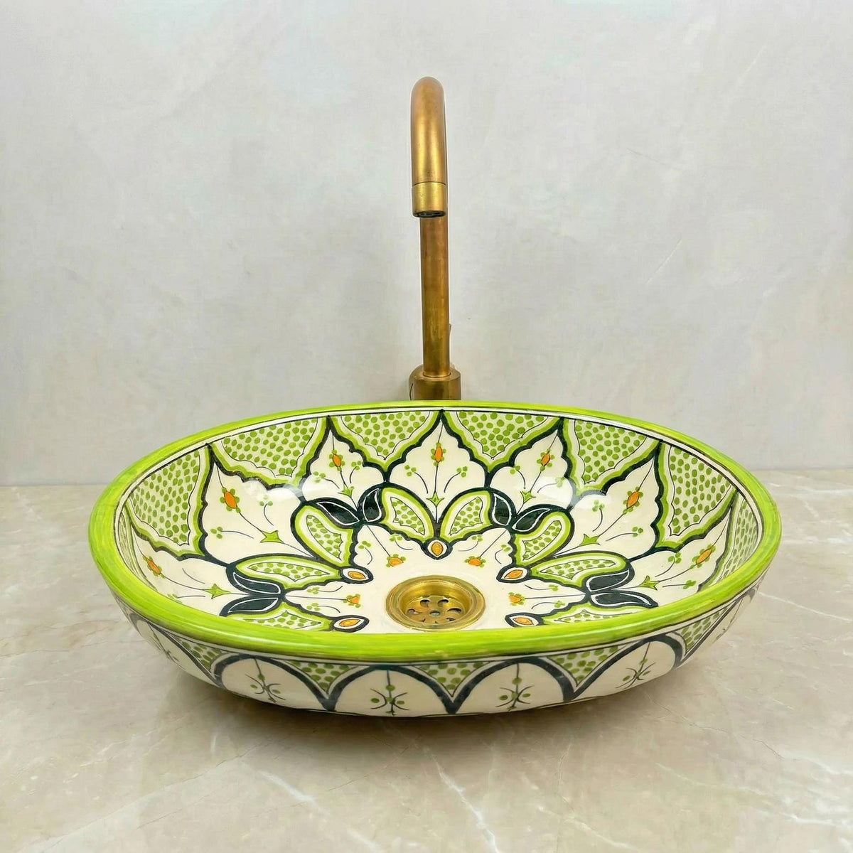 Moroccan Vessel Sink, Oval Turquoise Floral Handmade Basin, 36 Cm