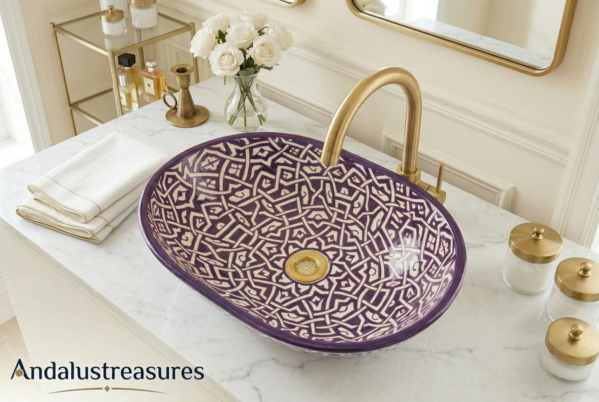 Moroccan Vessel Sink, Green Oval Hand-Painted Basin, 32 cm Brass.