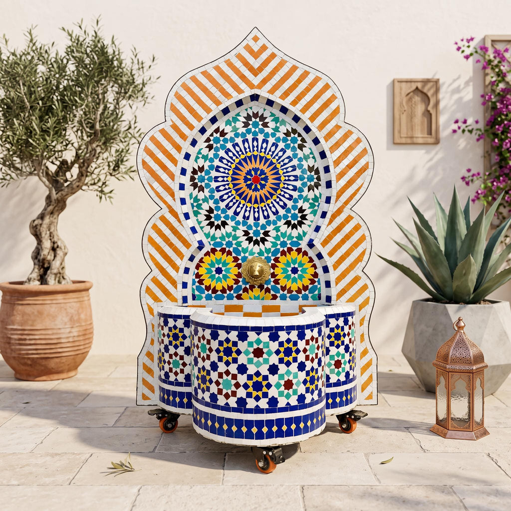 a decorative fountain with a colorful mosaic design, surrounded by potted plants and a lantern, creating a serene and inviting atmosphere.
